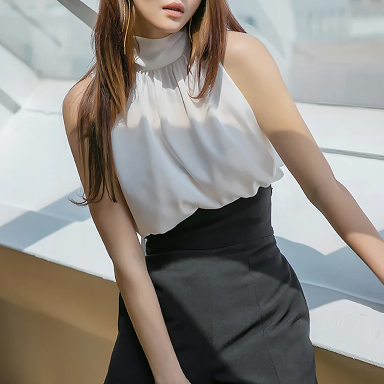 B2250 Ribbon Sleeveless Halter Neck Blouse - Image 2