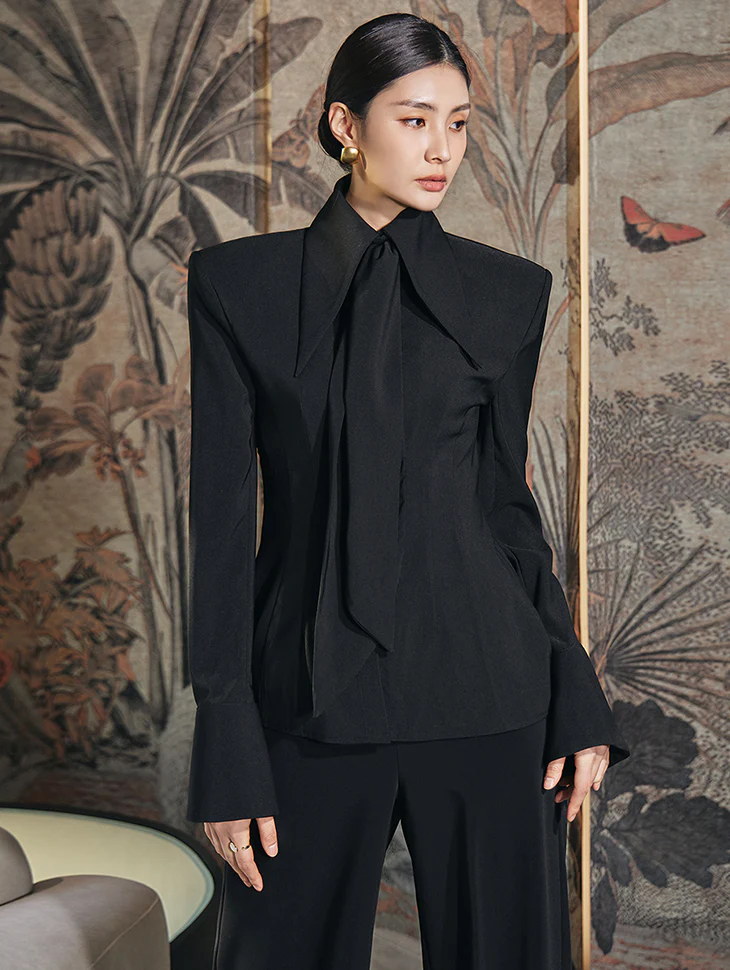 B9139 Button Shoulder Pad Blouse(Scarf Set)