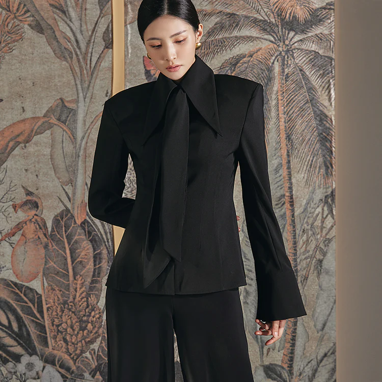 B9139 Button Shoulder Pad Blouse(Scarf Set) - Image 2