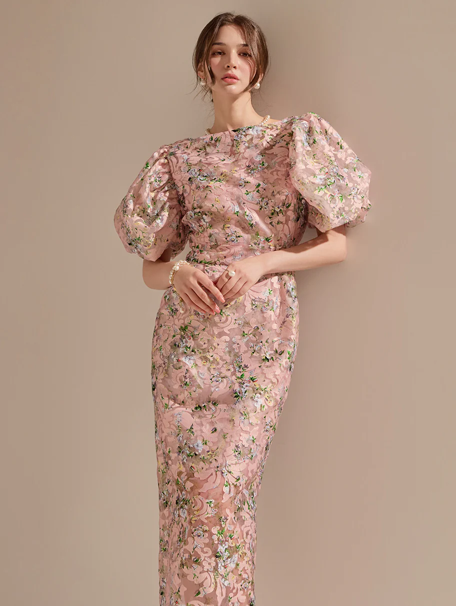D9082 Floral Puff Slim Midi Dress*LARGE Size Available*