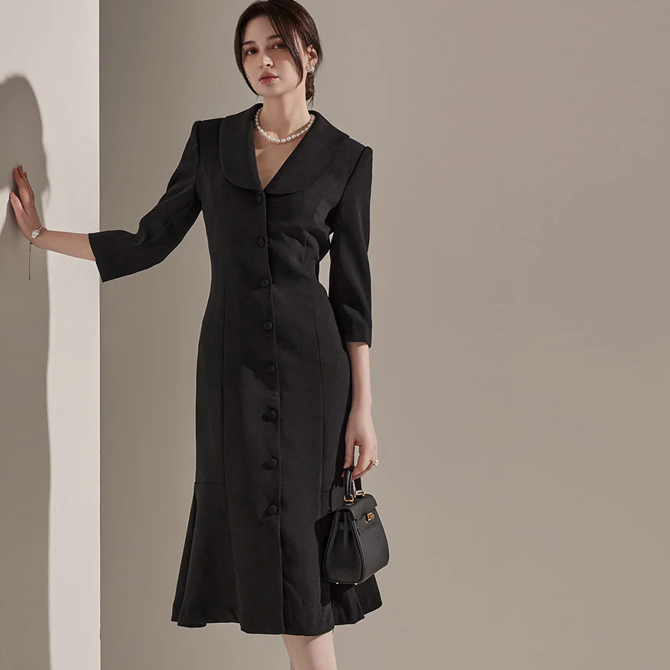 D3755 Collar Slim Frill Midi Dress - Image 2