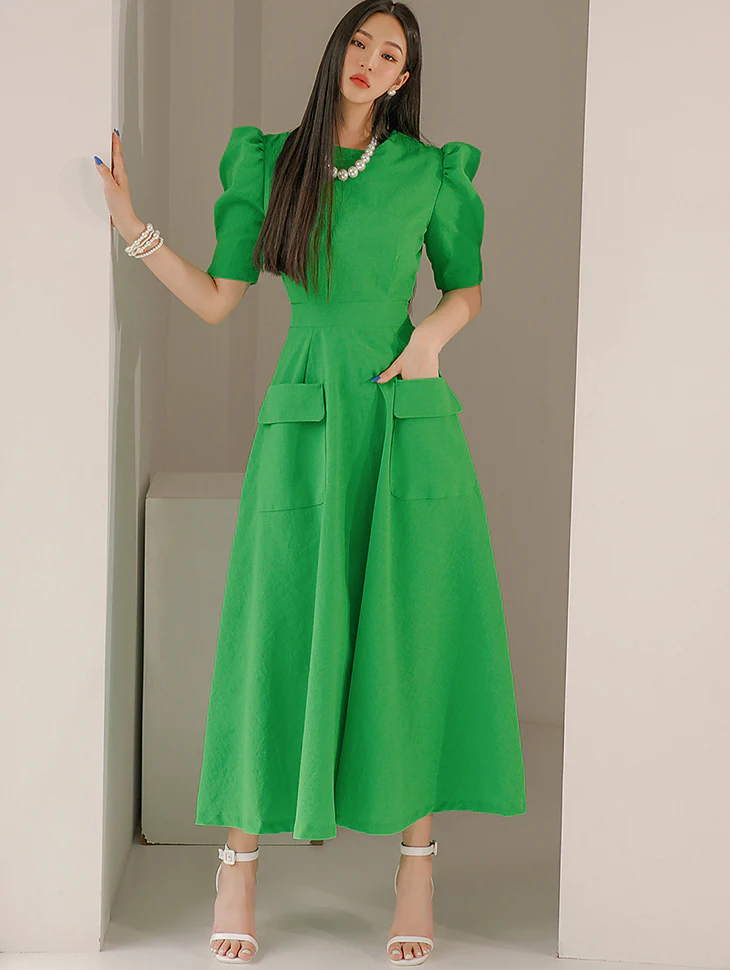 D4470 Balloon Sleeve Pocket Dress