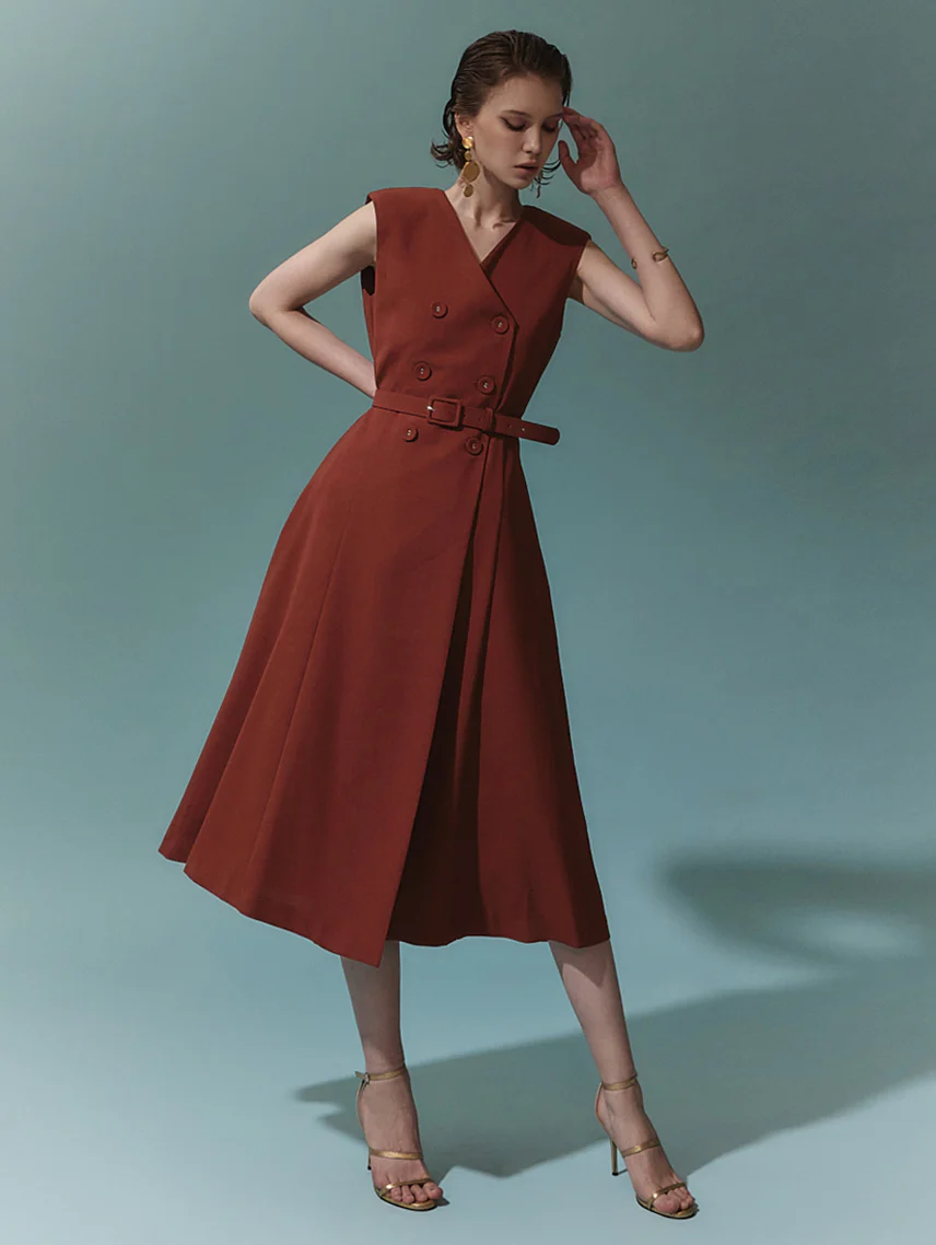 D4703 Double Button Sleeveless Midi Dress(Belt Set)