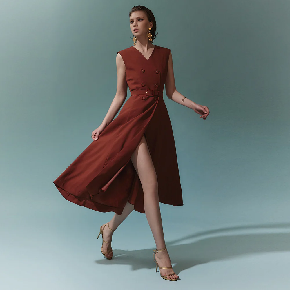 D4703 Double Button Sleeveless Midi Dress(Belt Set) - Image 2