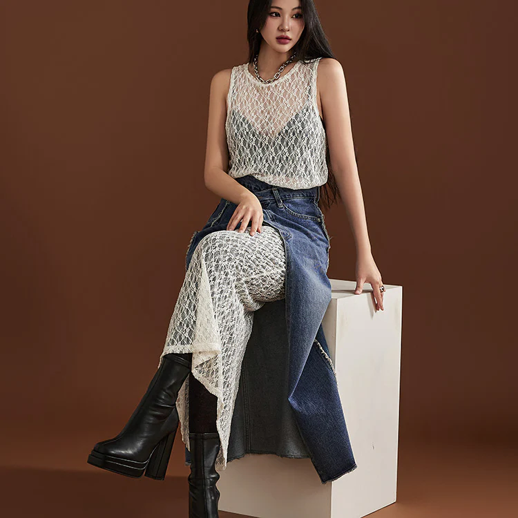 D4832 Sheer Lace Layering Long Dress - Image 2