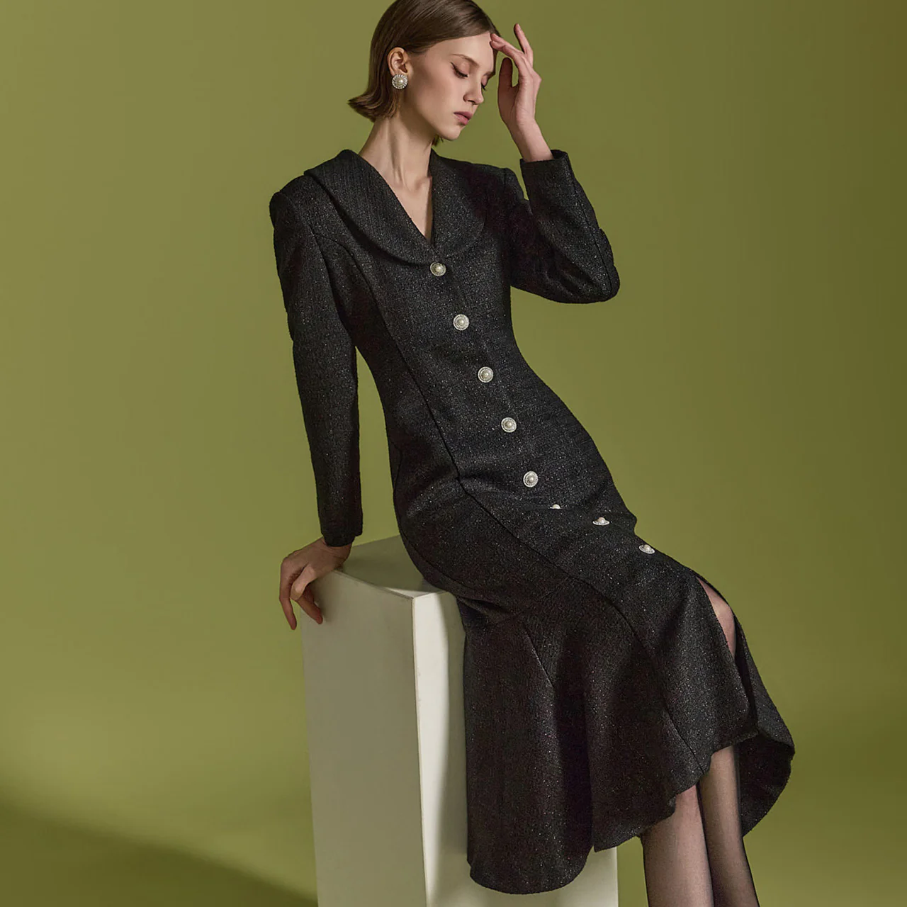 D5165 Tweed Shawl Collar Dress - Image 2