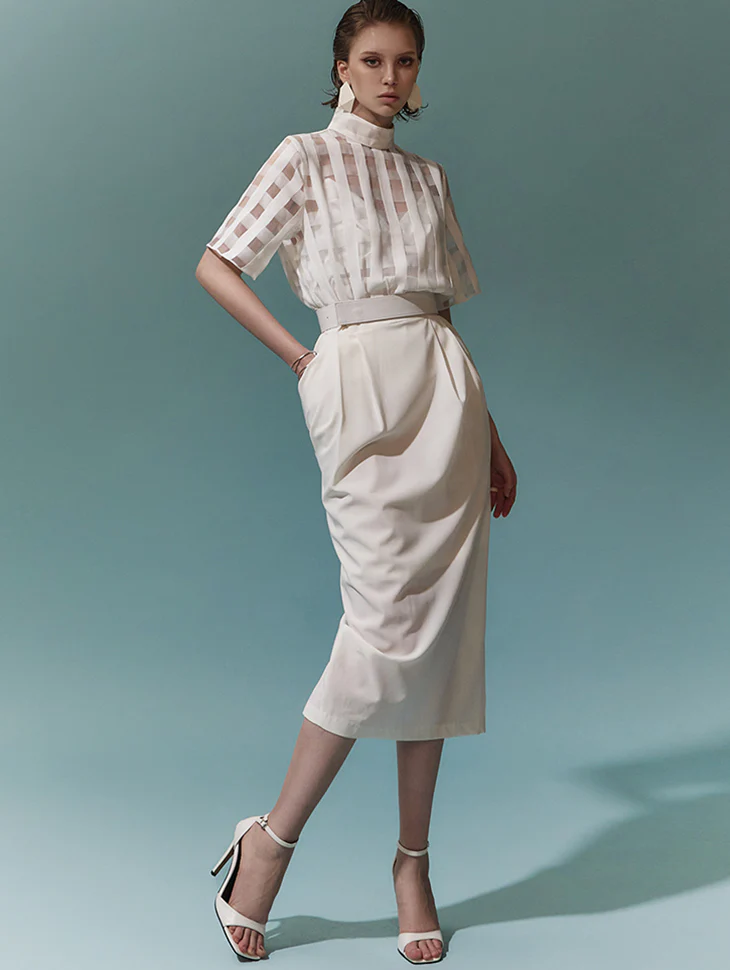 D9183 Square See-through Color Scheme Midi Dress(Belt set)