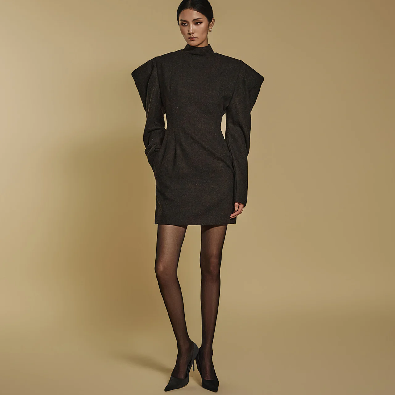 D9314 Herringbone Wool Mini Dress - Image 2