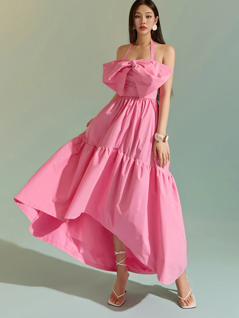 D9450 Halter Neck Dress with Ribbon