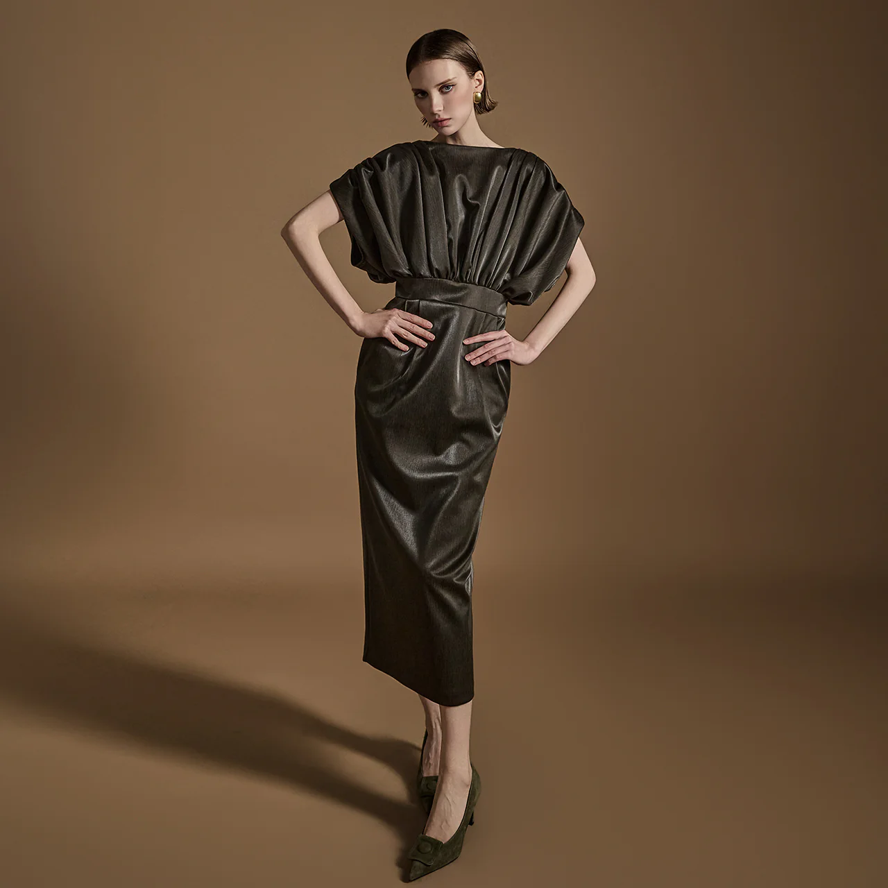 D9509 Leather Pin tuck Shirring Dress - Image 2