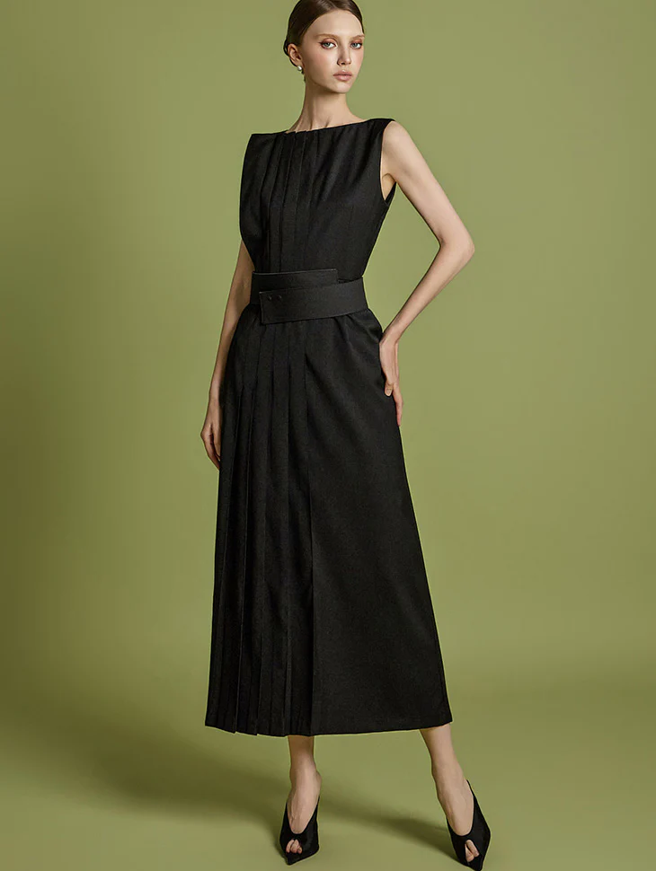D9544 Pleats Dress with Belt