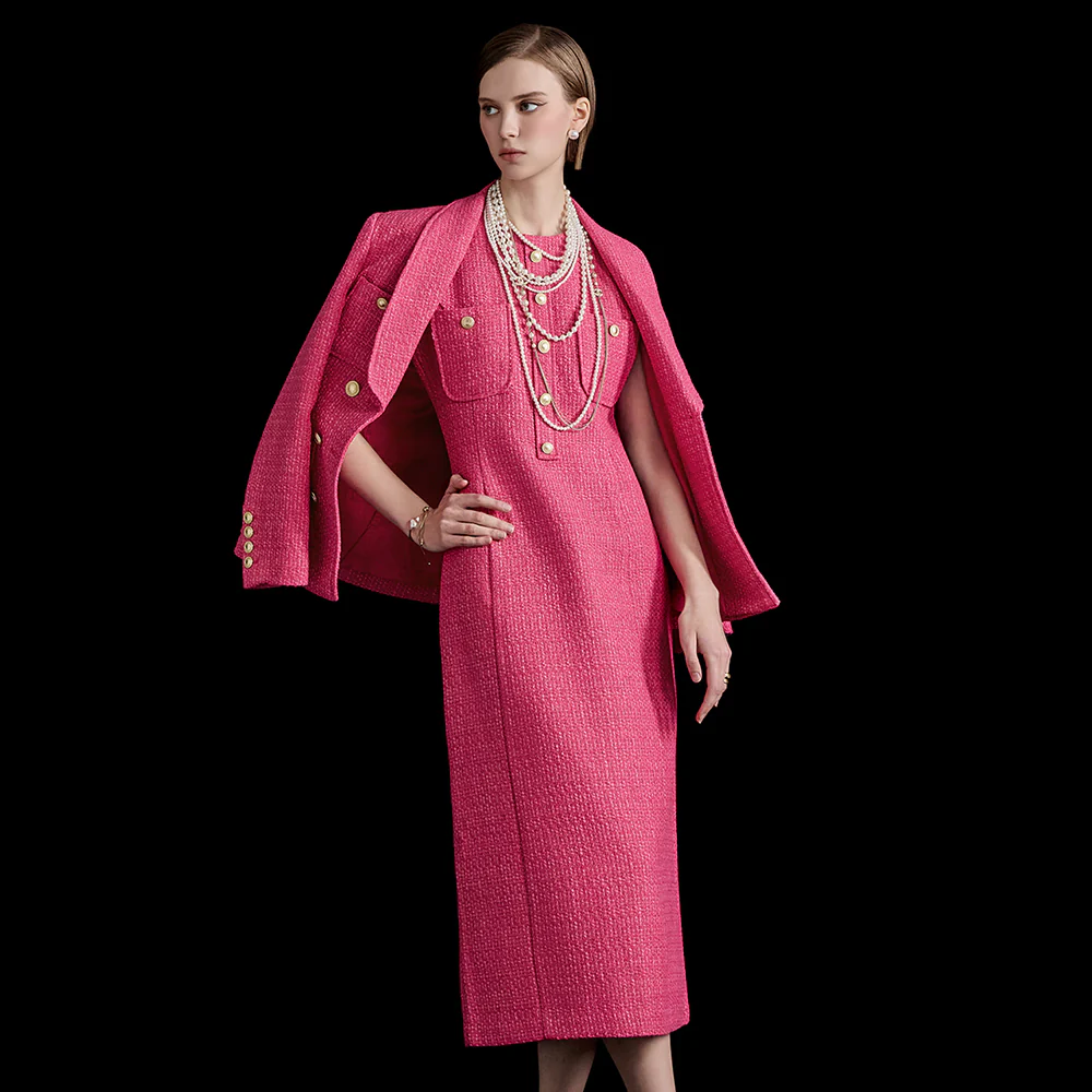 J1616 Tweed Shawl Collar Double Button Jacket - Image 2