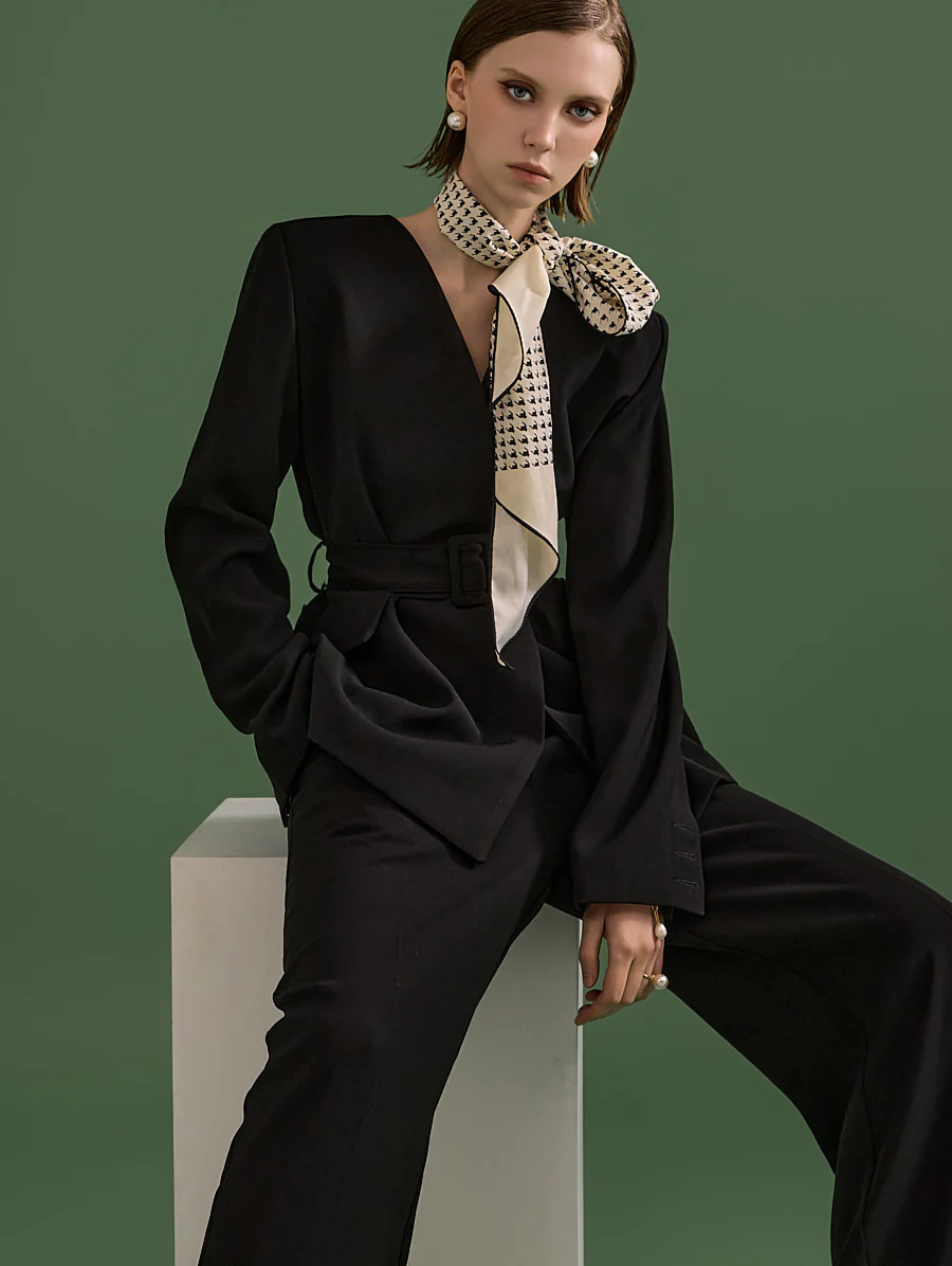 J1966 Belted Collarless Jacket