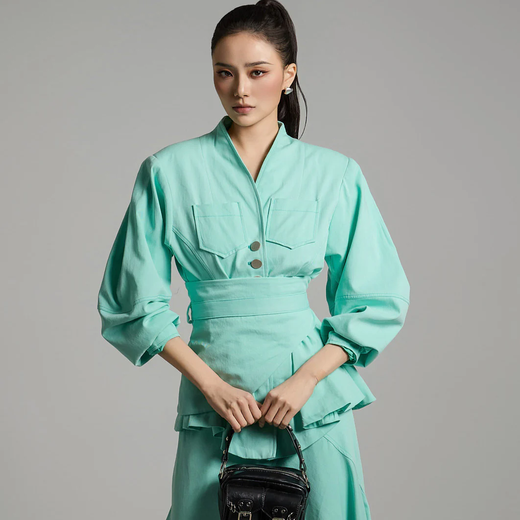 J2686 Balloon Sleeve Jacket with Belt - Image 2