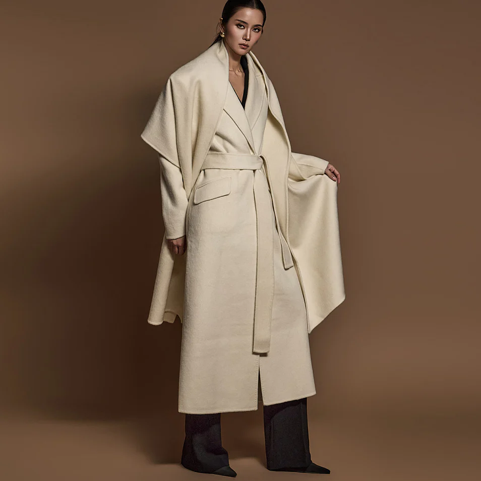 J9273 Tailored Long Coat With Belt and Muffler - Image 2