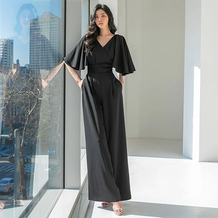 JS9004 V-neck Shoulder Frill Maxi Jumpsuit - Image 2