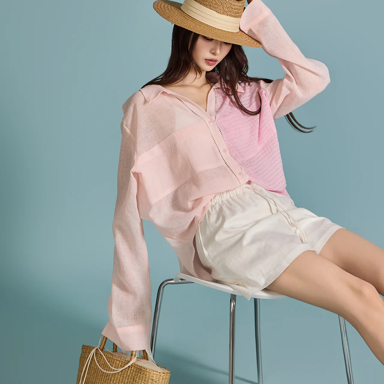 S647 Color Contrasting Sheer Shirt - Image 2