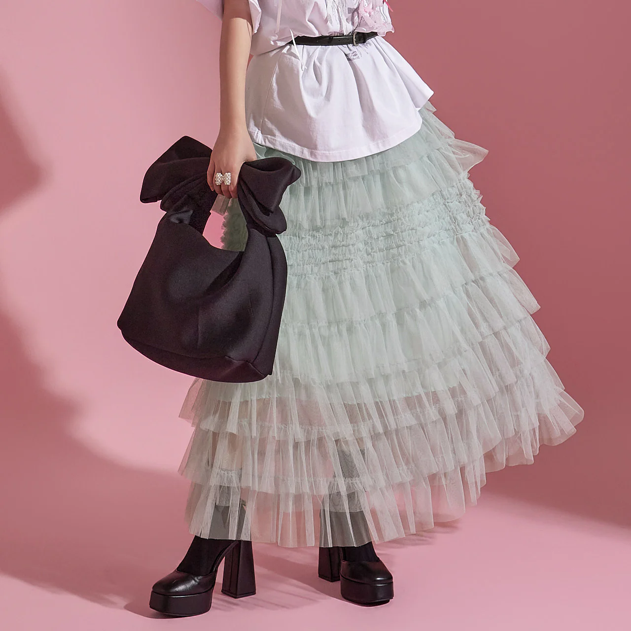 SK2637 Tulle Tiered Elastic Waist Long Skirt - Image 2