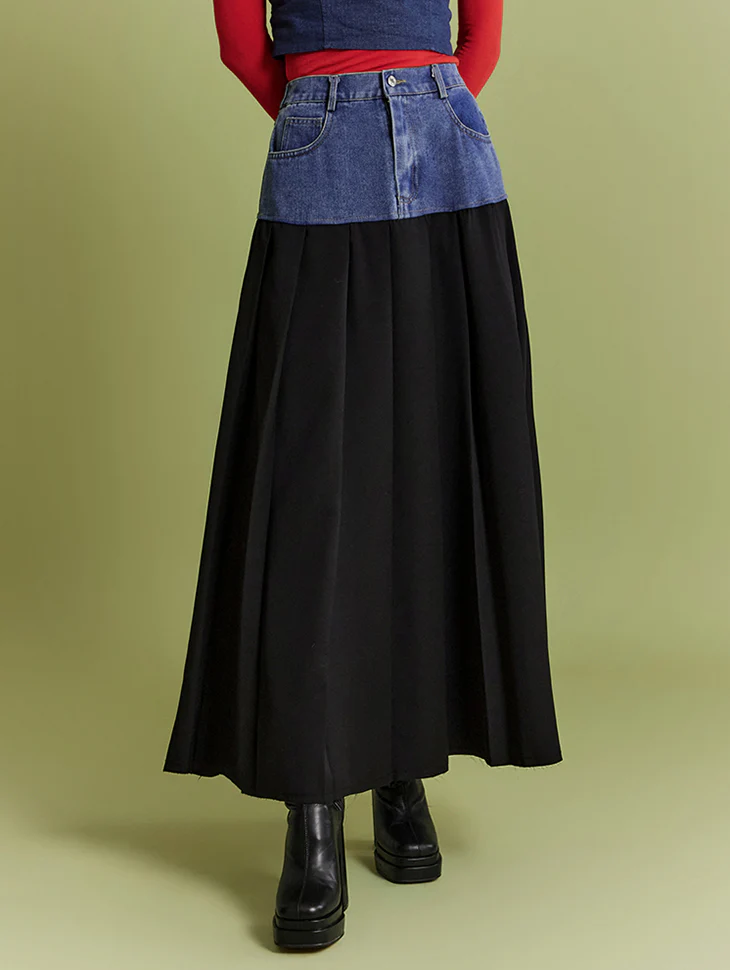 SK2643 Contrasting Color Pleats Skirt