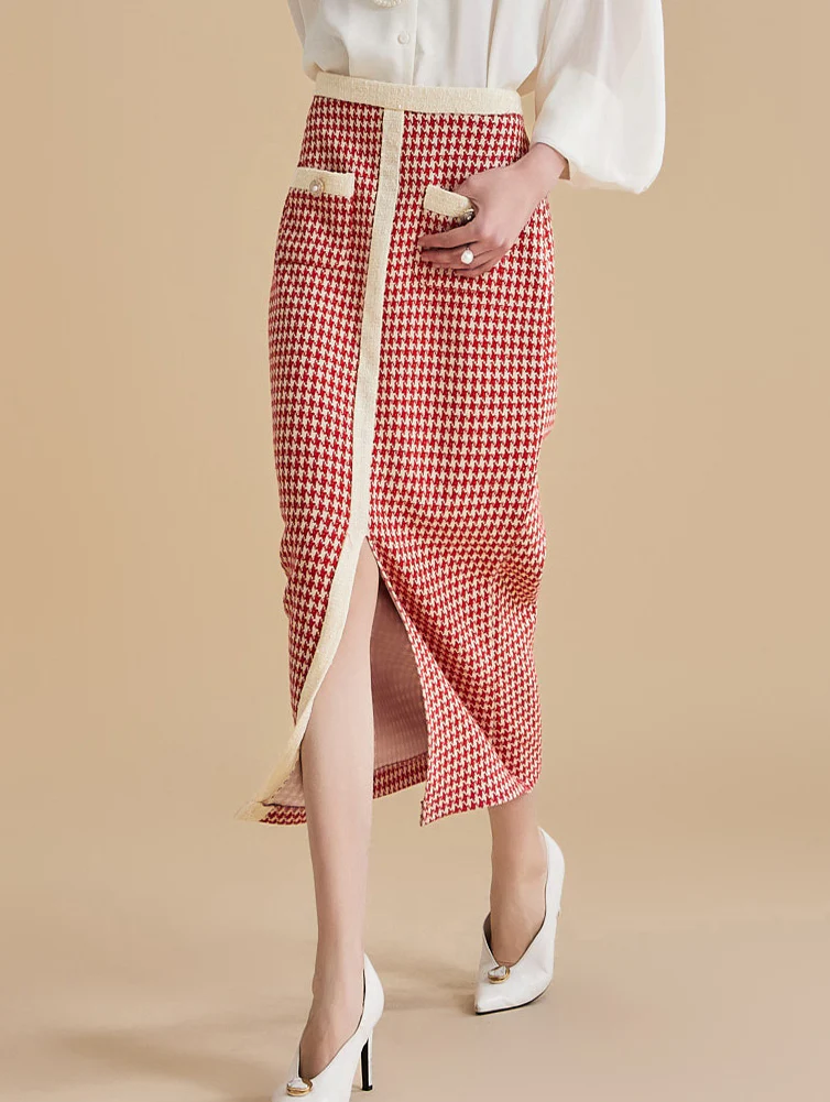 SK2697 Houndstooth Pattern Slim Skirt
