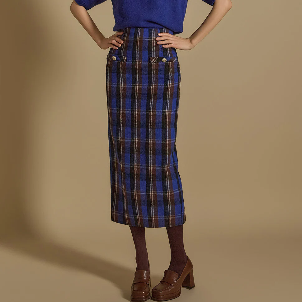 SK2896 Button Plaid Skirt - Image 2